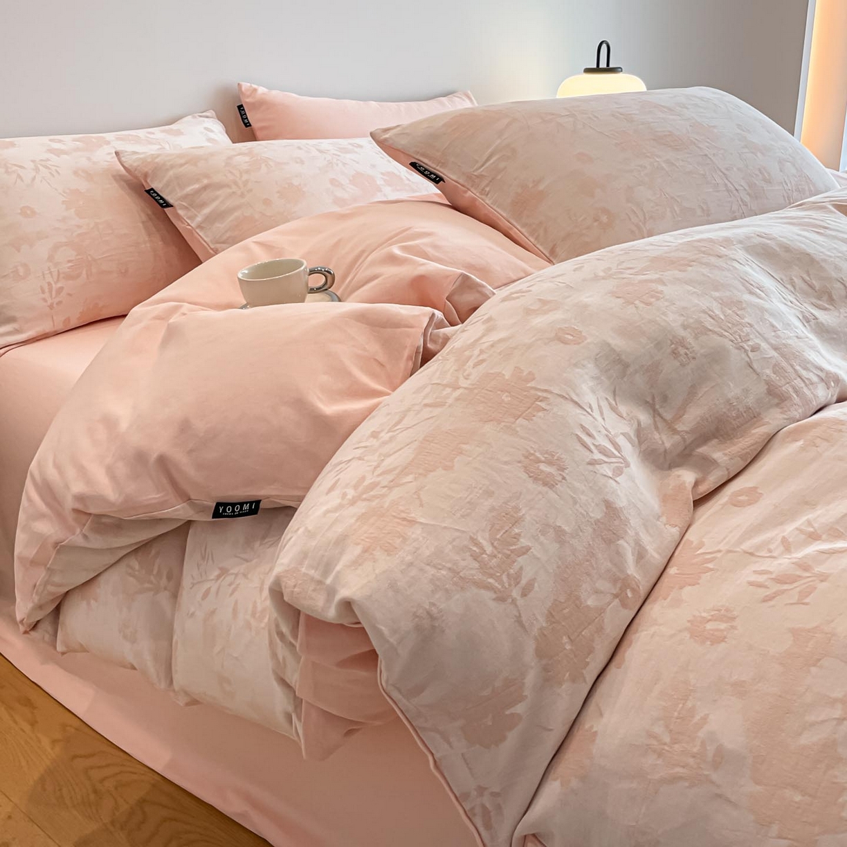 91家纺网 家纺一手货源 找家纺 涵宸家纺 2025新款全棉磨毛色织提花四件套 墨菡-粉