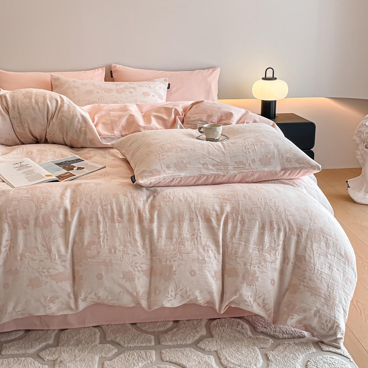 91家纺网 家纺一手货源 找家纺 涵宸家纺 2025新款全棉磨毛色织提花四件套 墨菡-粉