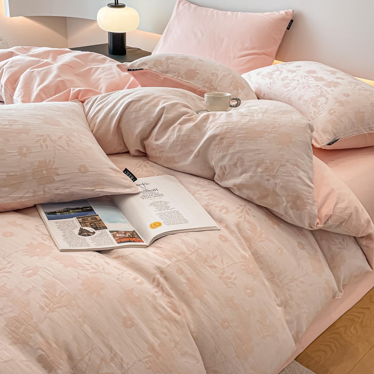 91家纺网 家纺一手货源 找家纺 涵宸家纺 2025新款全棉磨毛色织提花四件套 墨菡-粉