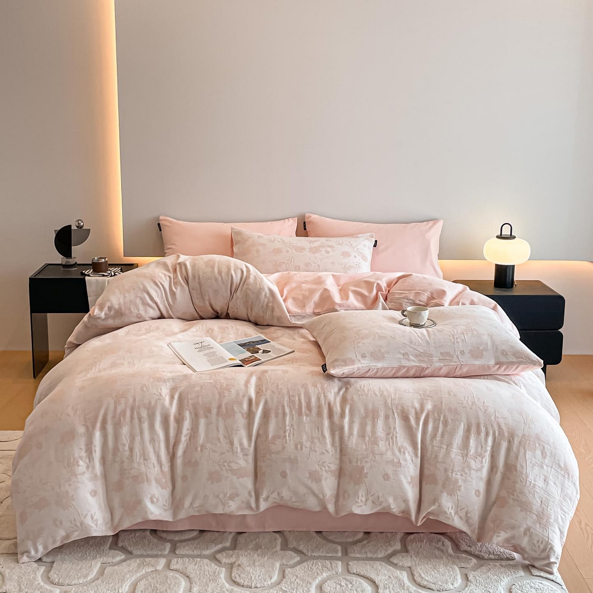 91家纺网 家纺一手货源 找家纺 涵宸家纺 2025新款全棉磨毛色织提花四件套 墨菡-粉