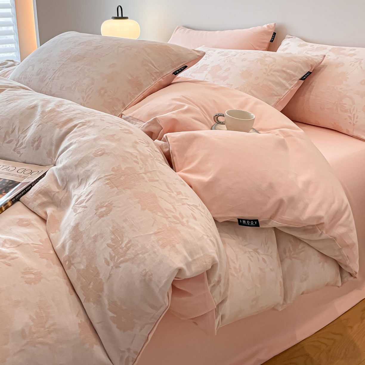 91家纺网 家纺一手货源 找家纺 涵宸家纺 2025新款全棉磨毛色织提花四件套 墨菡-粉