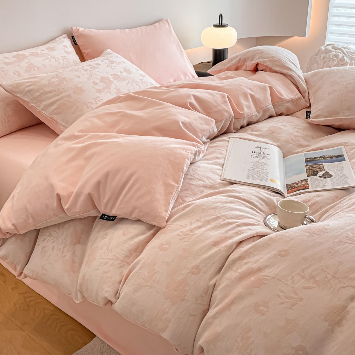 91家纺网 家纺一手货源 找家纺 涵宸家纺 2025新款全棉磨毛色织提花四件套 墨菡-粉