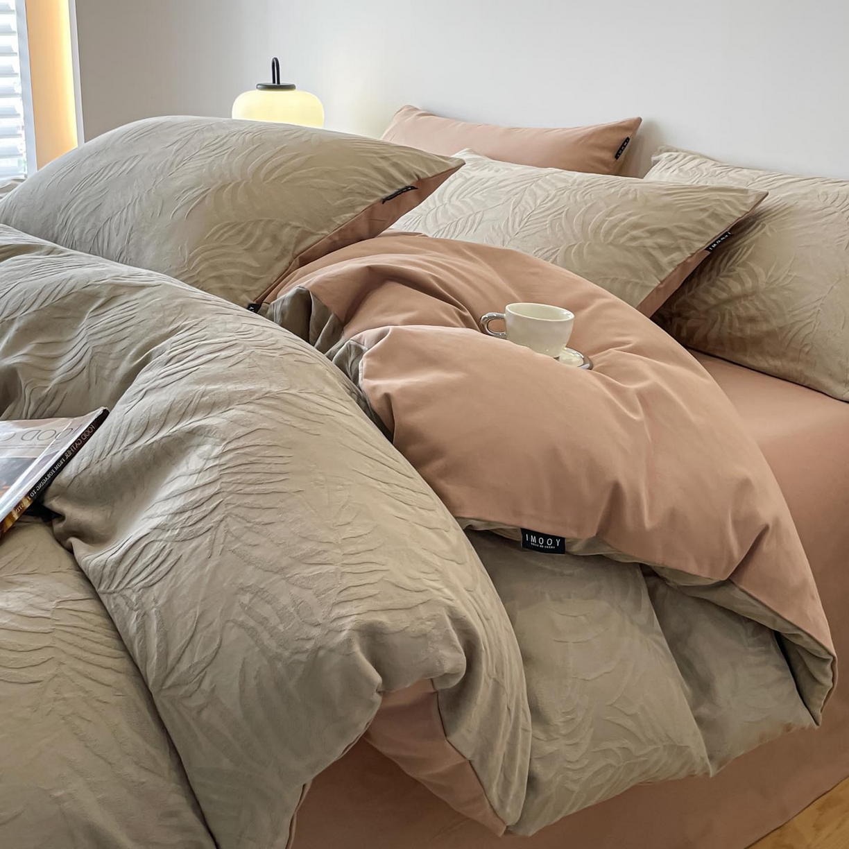 91家纺网 家纺一手货源 找家纺 涵宸家纺 2025新款全棉磨毛色织提花四件套 擎苍叶