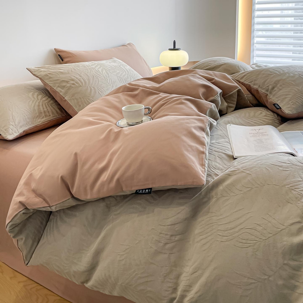 91家纺网 家纺一手货源 找家纺 涵宸家纺 2025新款全棉磨毛色织提花四件套 擎苍叶