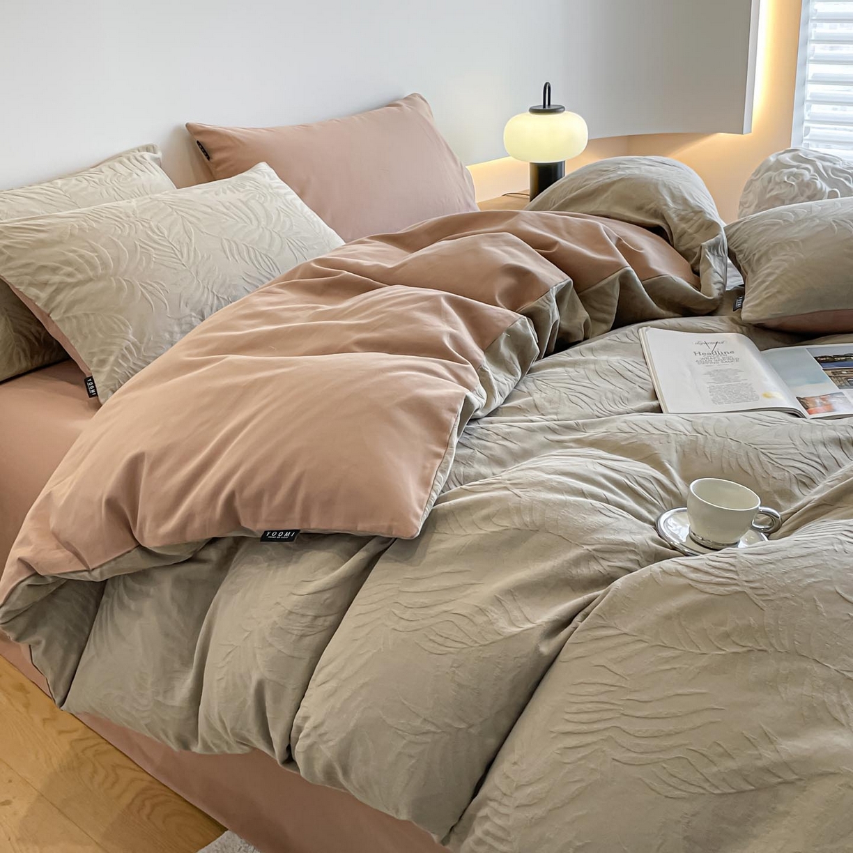 91家纺网 家纺一手货源 找家纺 涵宸家纺 2025新款全棉磨毛色织提花四件套 擎苍叶