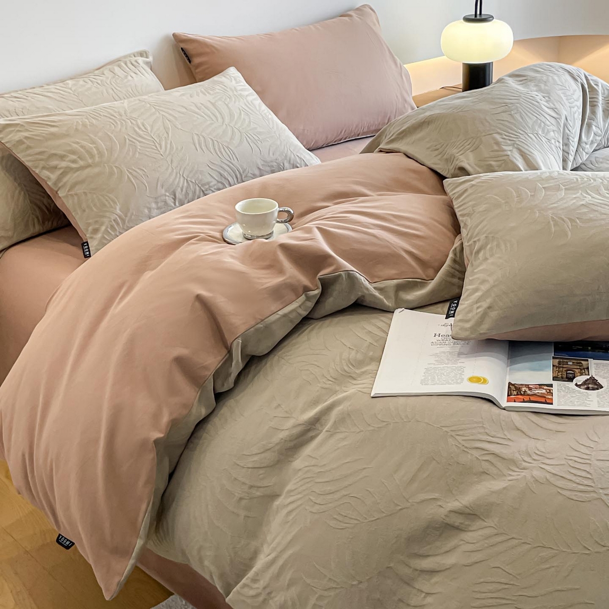 91家纺网 家纺一手货源 找家纺 涵宸家纺 2025新款全棉磨毛色织提花四件套 擎苍叶