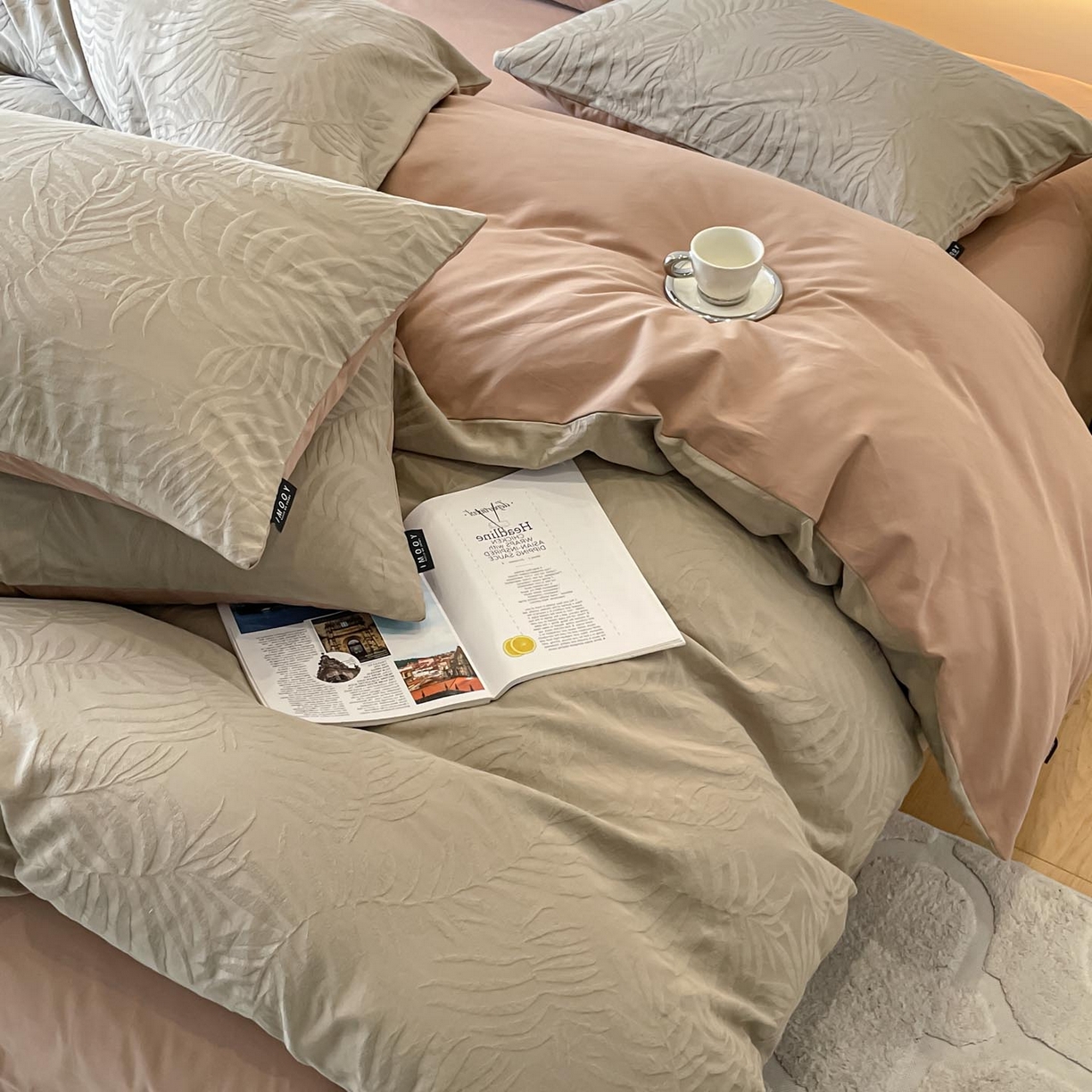 91家纺网 家纺一手货源 找家纺 涵宸家纺 2025新款全棉磨毛色织提花四件套 擎苍叶