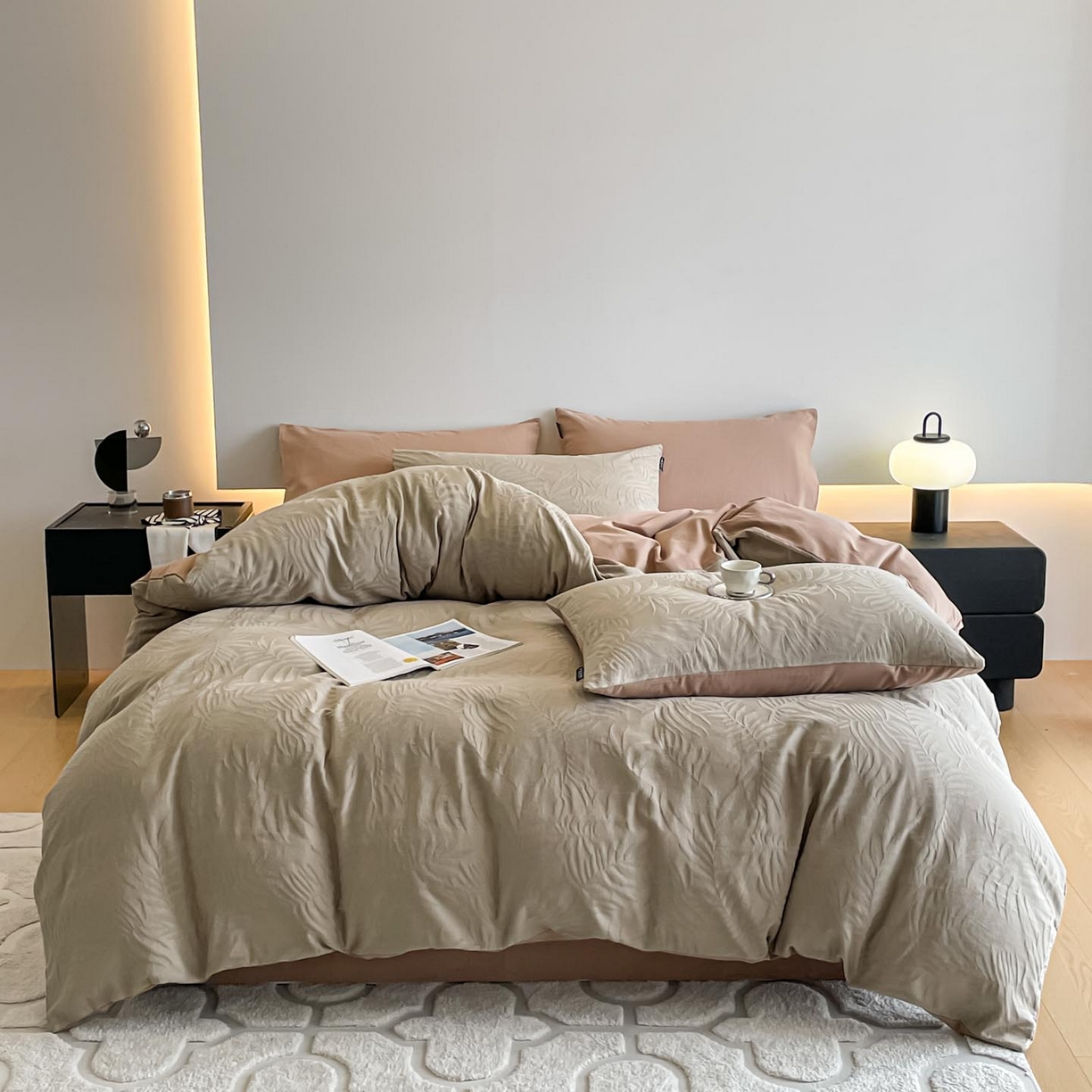 91家纺网 家纺一手货源 找家纺 涵宸家纺 2025新款全棉磨毛色织提花四件套 擎苍叶