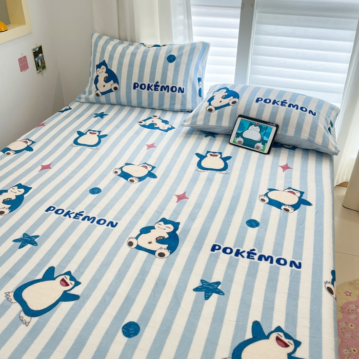 91家纺网 家纺一手货源 找家纺 金爱家 2025新款牛奶绒保暖床笠床笠单件单床笠 绒单品-蓝条卡比兽