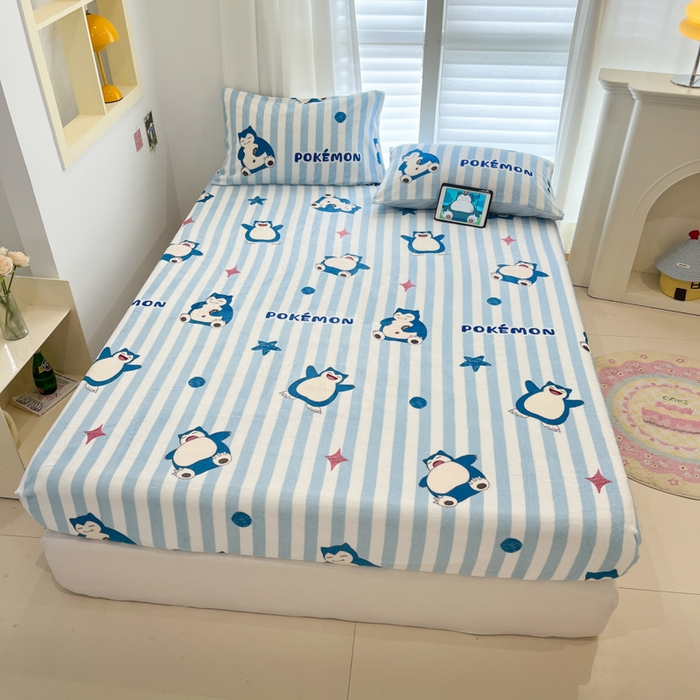 91家纺网 家纺一手货源 找家纺 金爱家 2025新款牛奶绒保暖床笠床笠单件单床笠 绒单品-蓝条卡比兽