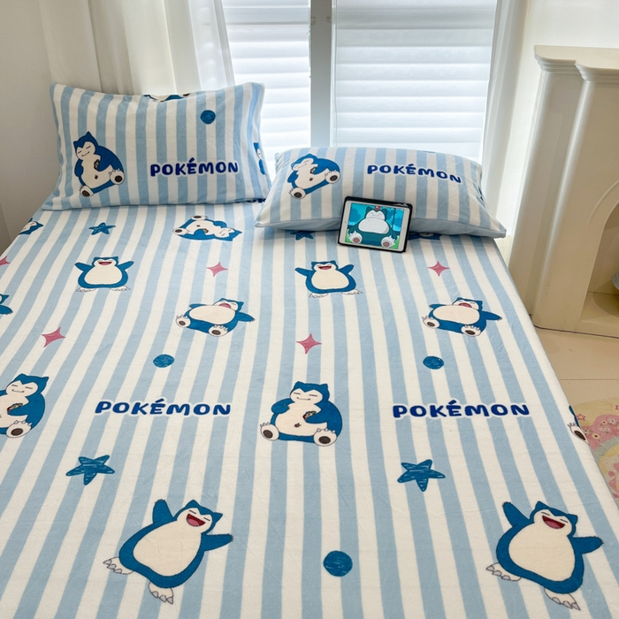 91家纺网 家纺一手货源 找家纺 金爱家 2025新款牛奶绒保暖床笠床笠单件单床笠 绒单品-蓝条卡比兽