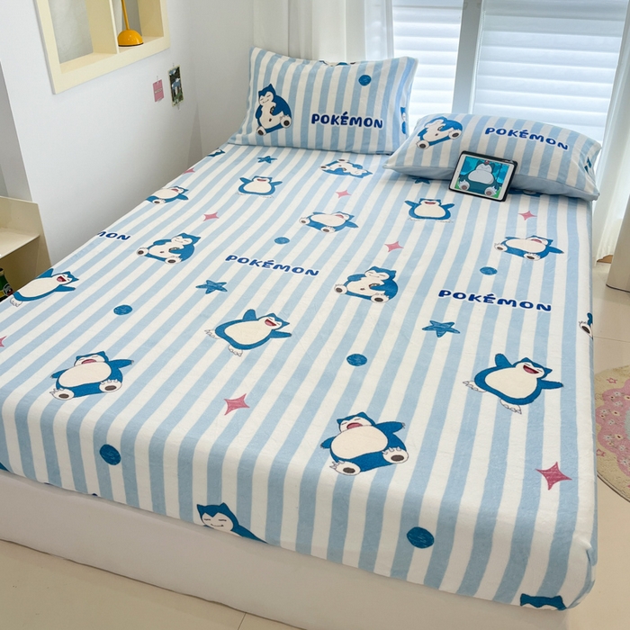 91家纺网 家纺一手货源 找家纺 金爱家 2025新款牛奶绒保暖床笠床笠单件单床笠 绒单品-蓝条卡比兽