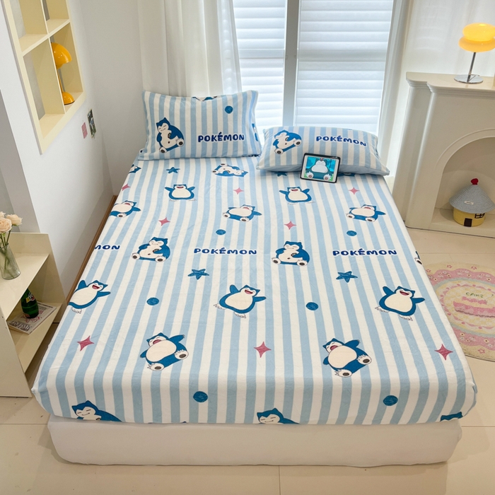 91家纺网 家纺一手货源 找家纺 金爱家 2025新款牛奶绒保暖床笠床笠单件单床笠 绒单品-蓝条卡比兽