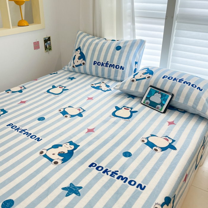 91家纺网 家纺一手货源 找家纺 金爱家 2025新款牛奶绒保暖床笠床笠单件单床笠 绒单品-蓝条卡比兽