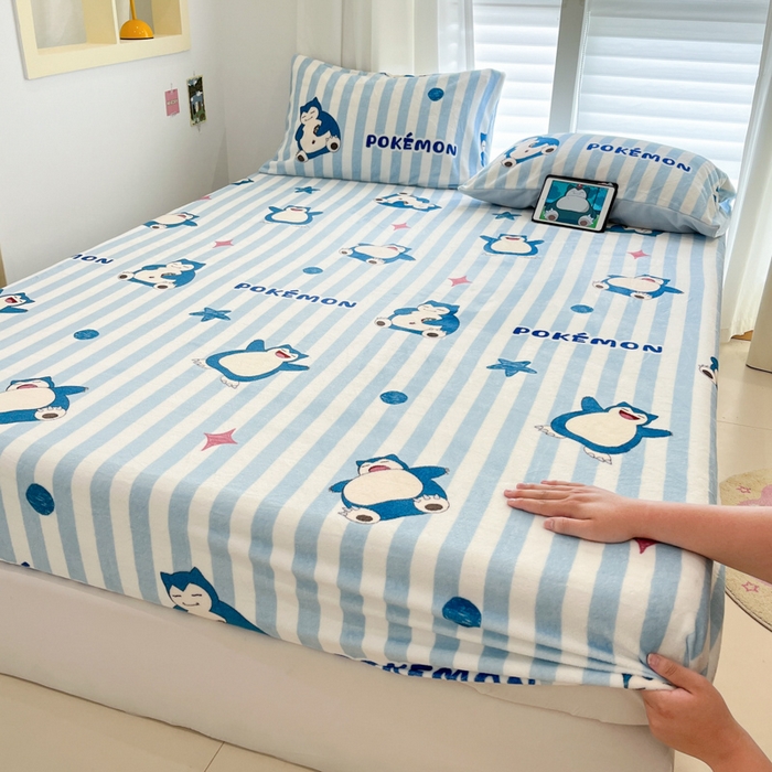 91家纺网 家纺一手货源 找家纺 金爱家 2025新款牛奶绒保暖床笠床笠单件单床笠 绒单品-蓝条卡比兽