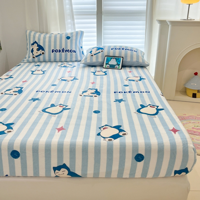 91家纺网 家纺一手货源 找家纺 金爱家 2025新款牛奶绒保暖床笠床笠单件单床笠 绒单品-蓝条卡比兽