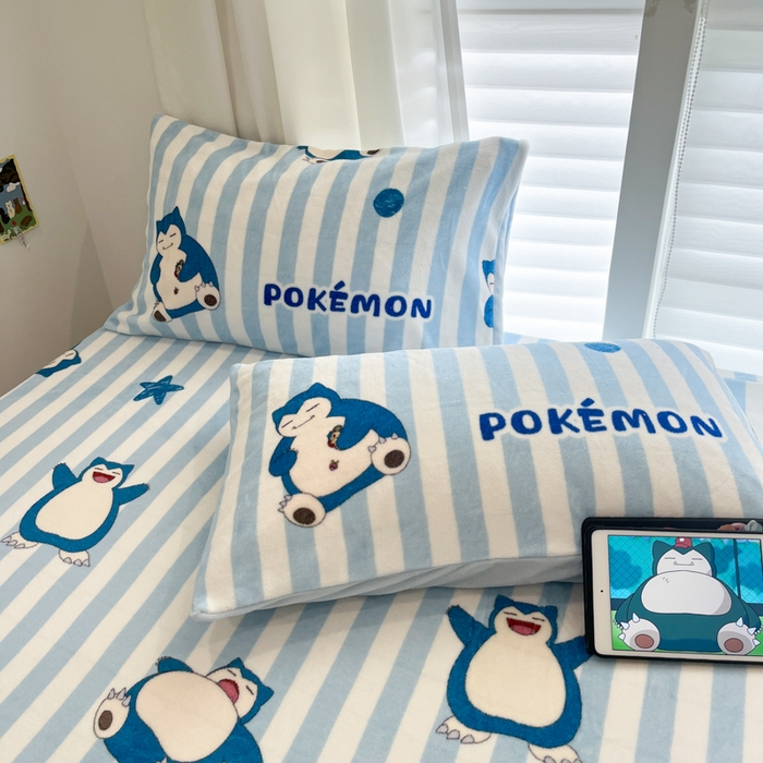 91家纺网 家纺一手货源 找家纺 金爱家 2025新款牛奶绒保暖床笠床笠单件单床笠 绒单品-蓝条卡比兽