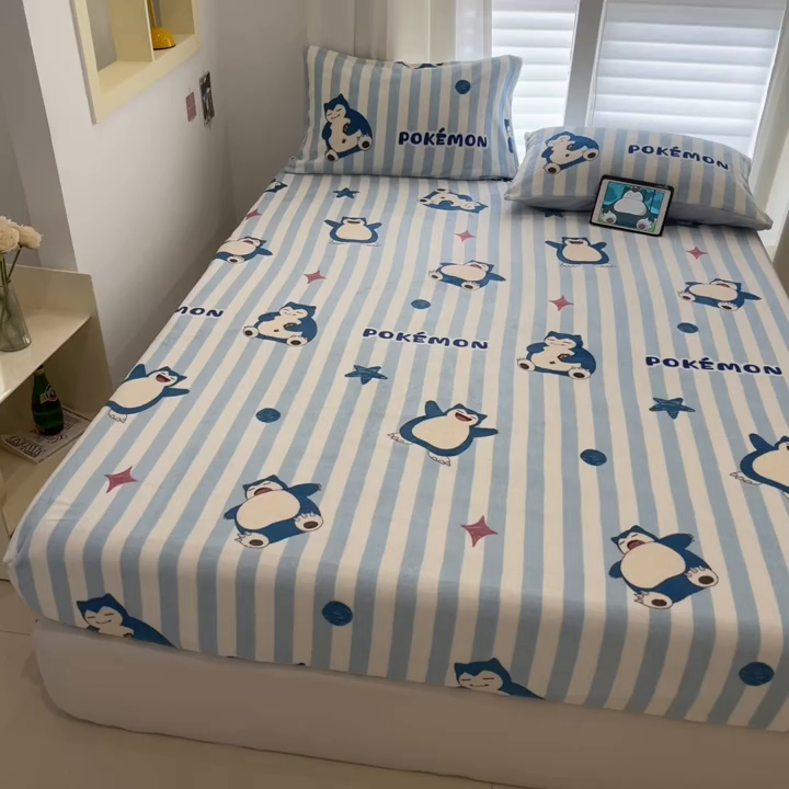 91家纺网 家纺一手货源 找家纺 金爱家 2025新款牛奶绒保暖床笠床笠单件单床笠 绒单品-蓝条卡比兽