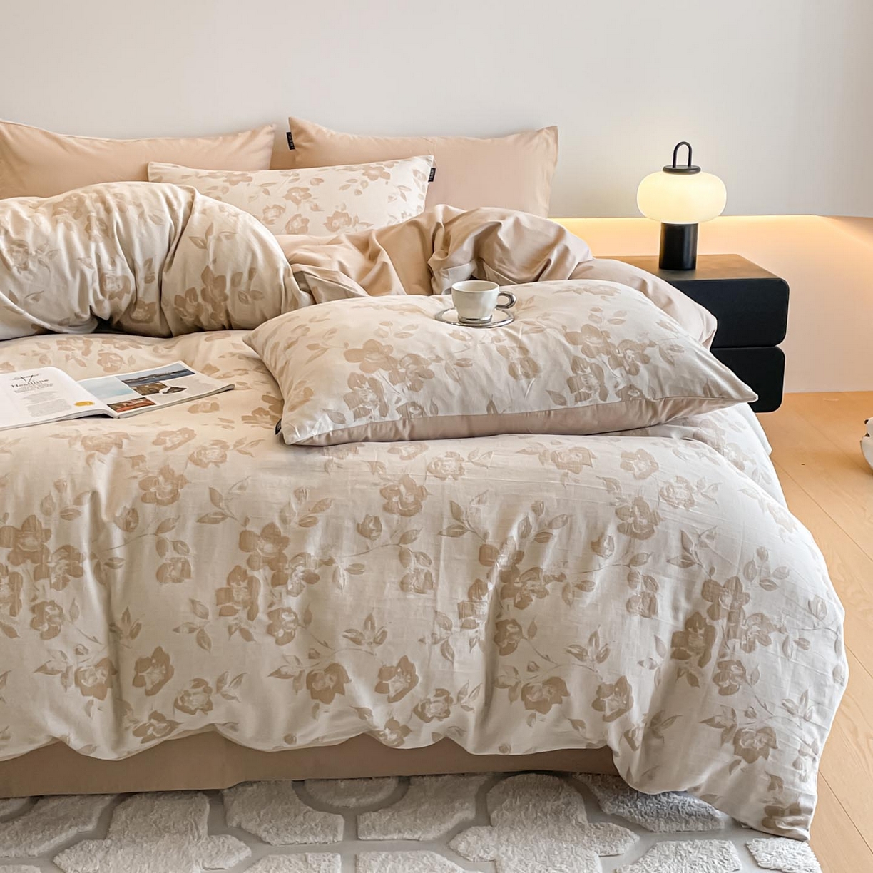 91家纺网 家纺一手货源 找家纺 涵宸家纺 2025新款全棉磨毛色织提花四件套 月移棠-茶色