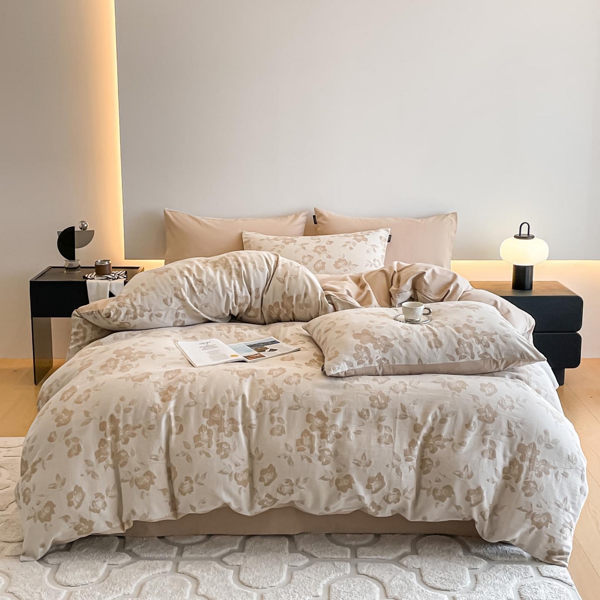 91家纺网 家纺一手货源 找家纺 涵宸家纺 2025新款全棉磨毛色织提花四件套 月移棠-茶色