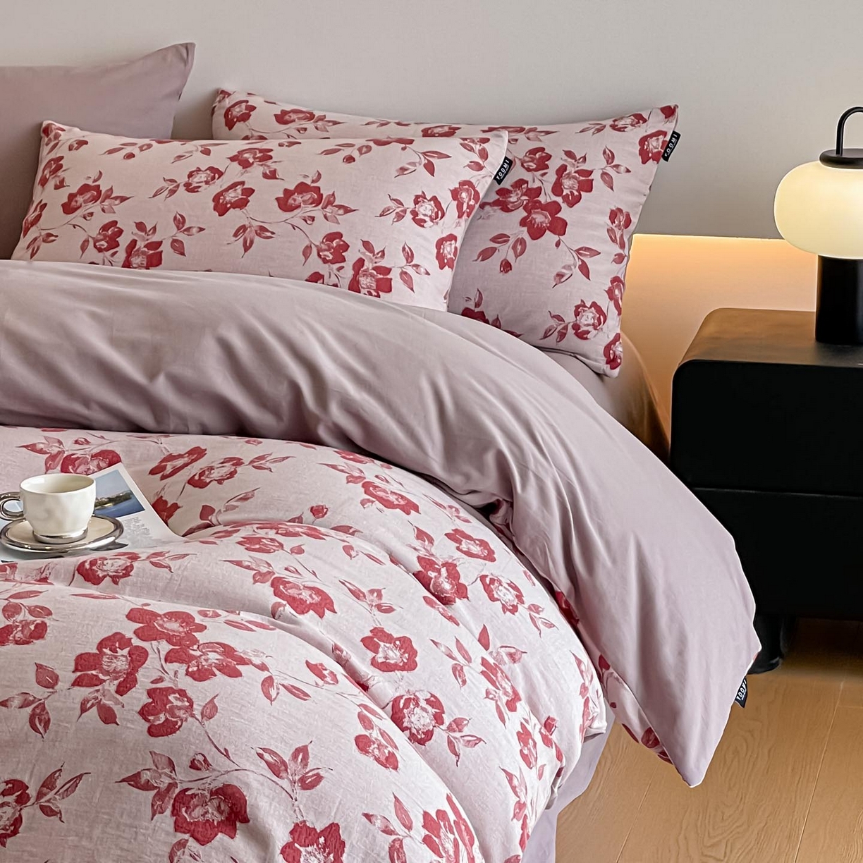 91家纺网 家纺一手货源 找家纺 涵宸家纺 2025新款全棉磨毛色织提花四件套 月移棠-红