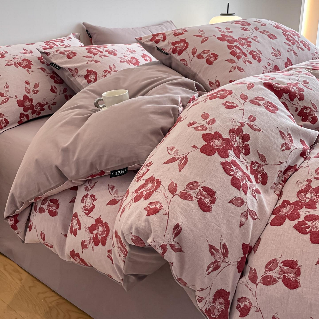 91家纺网 家纺一手货源 找家纺 涵宸家纺 2025新款全棉磨毛色织提花四件套 月移棠-红