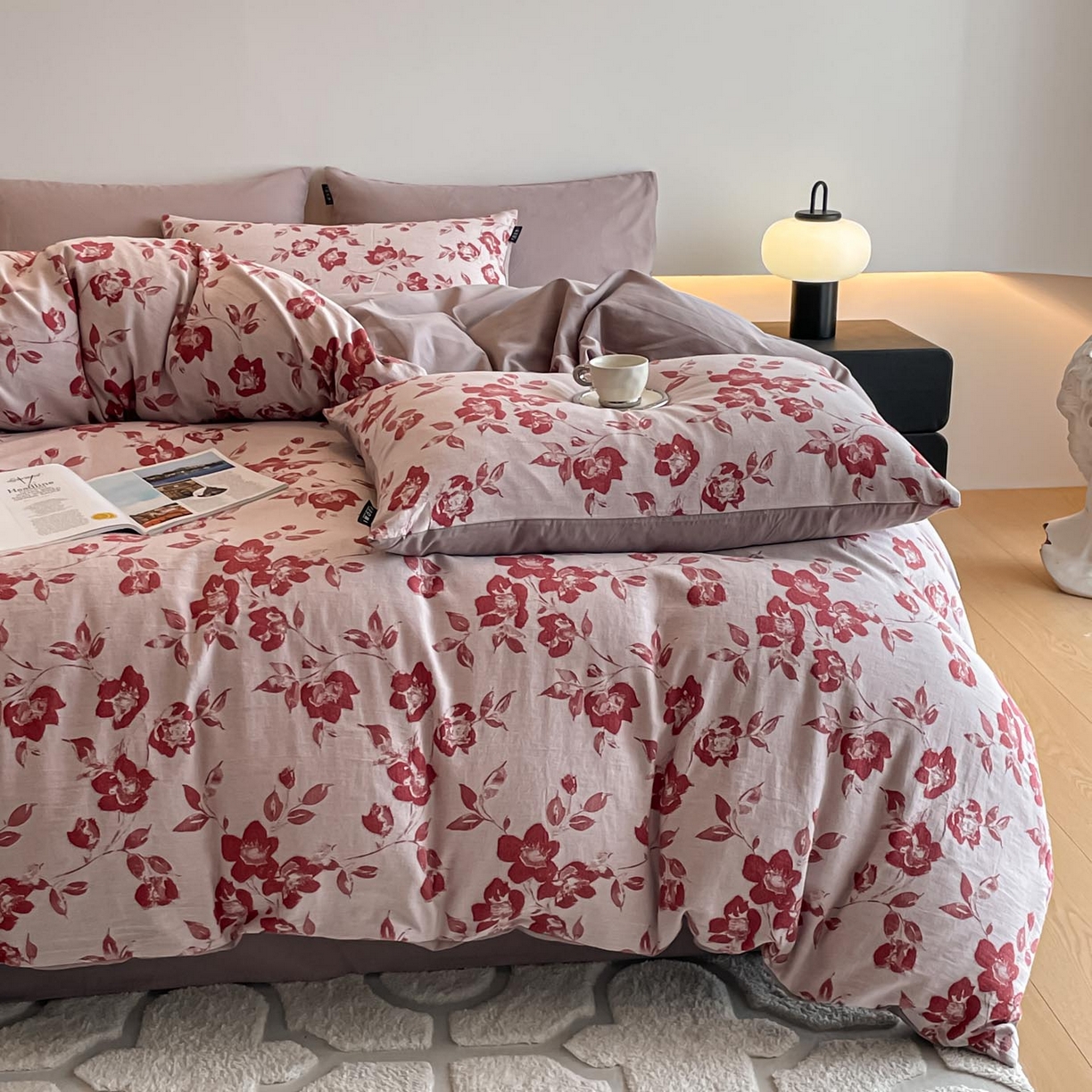 91家纺网 家纺一手货源 找家纺 涵宸家纺 2025新款全棉磨毛色织提花四件套 月移棠-红