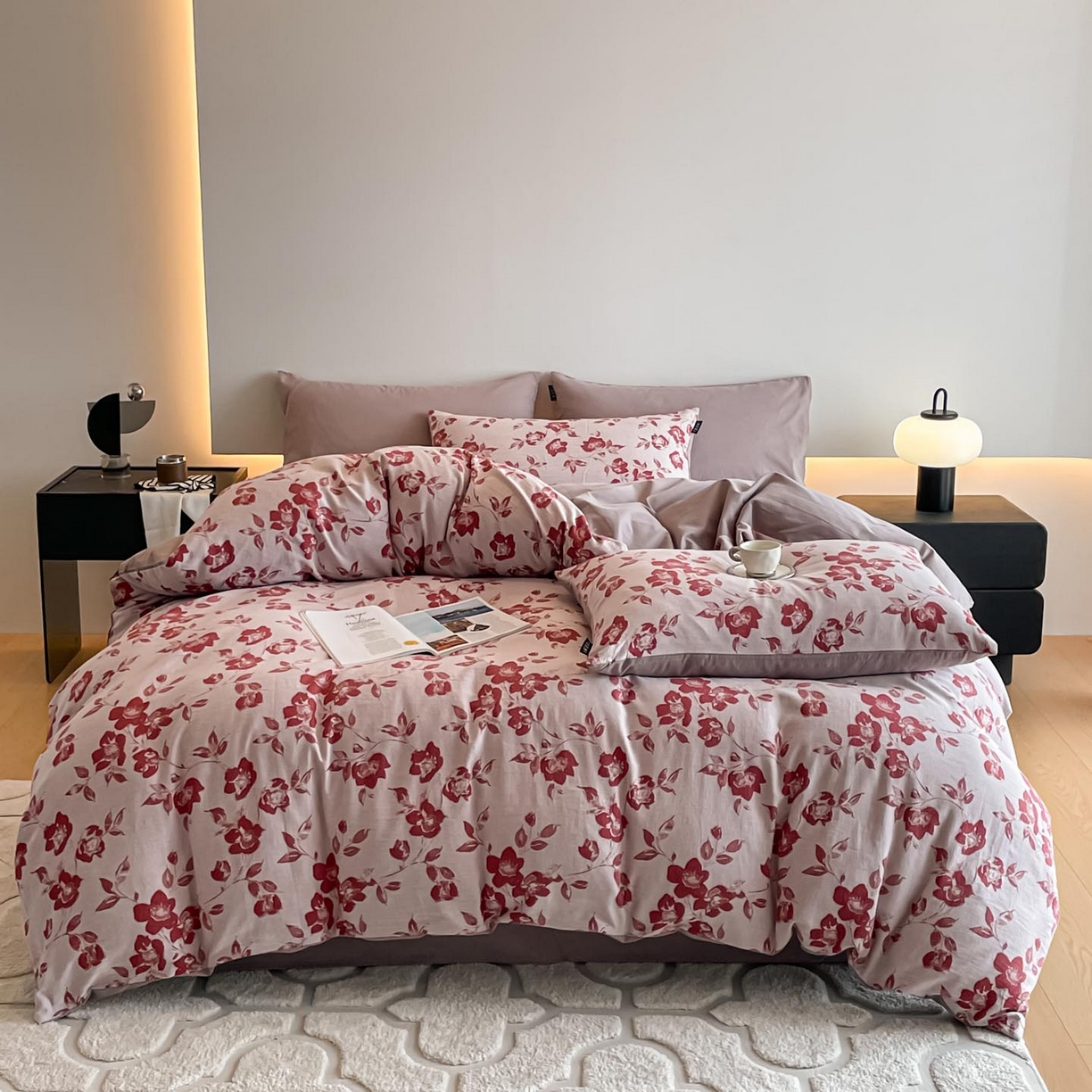 91家纺网 家纺一手货源 找家纺 涵宸家纺 2025新款全棉磨毛色织提花四件套 月移棠-红