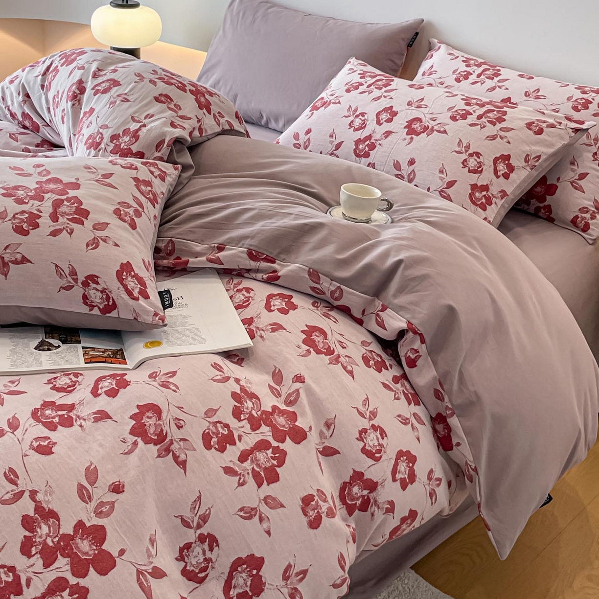 91家纺网 家纺一手货源 找家纺 涵宸家纺 2025新款全棉磨毛色织提花四件套 月移棠-红