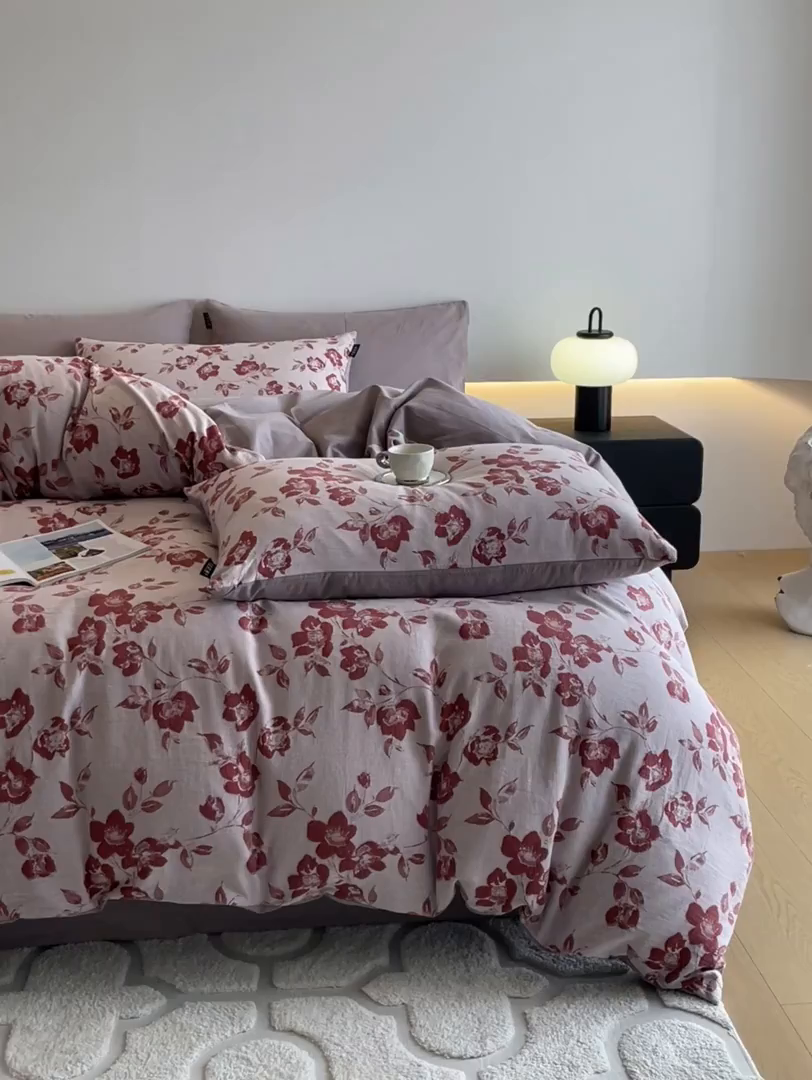 91家纺网 家纺一手货源 找家纺 涵宸家纺 2025新款全棉磨毛色织提花四件套 月移棠-红