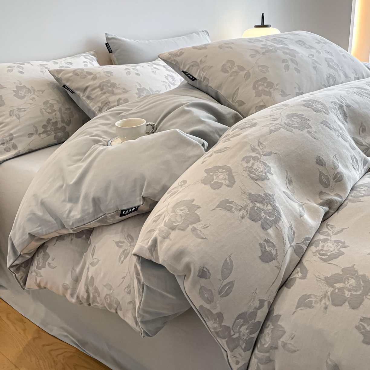 涵宸家纺 2025新款全棉磨毛色织提花四件套 月移棠-灰