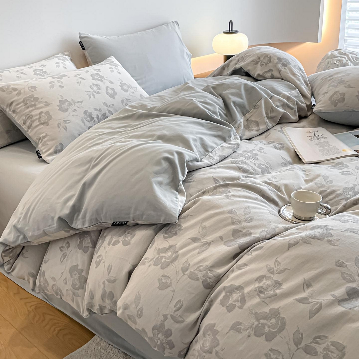 91家纺网 家纺一手货源 找家纺 涵宸家纺 2025新款全棉磨毛色织提花四件套 月移棠-灰