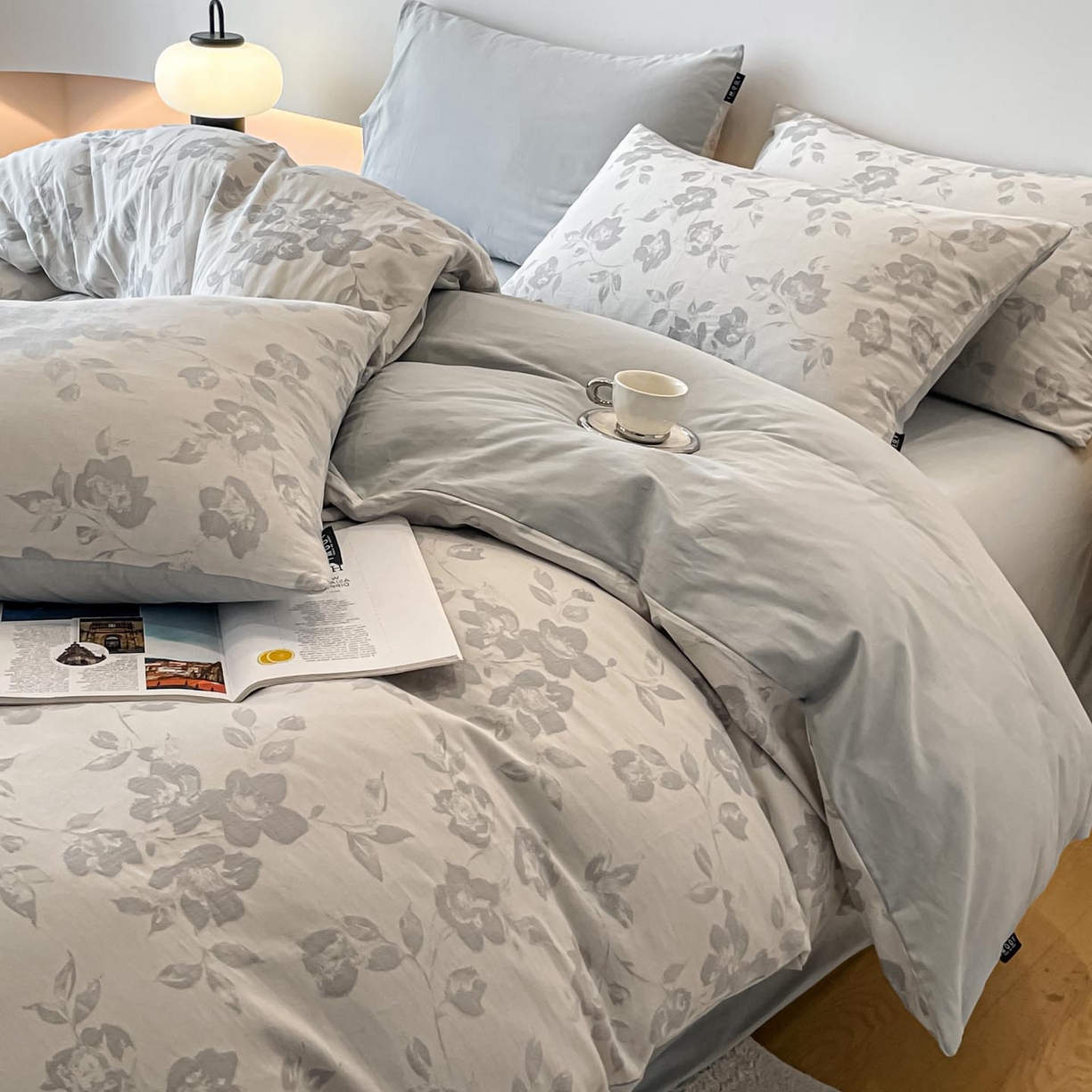 91家纺网 家纺一手货源 找家纺 涵宸家纺 2025新款全棉磨毛色织提花四件套 月移棠-灰