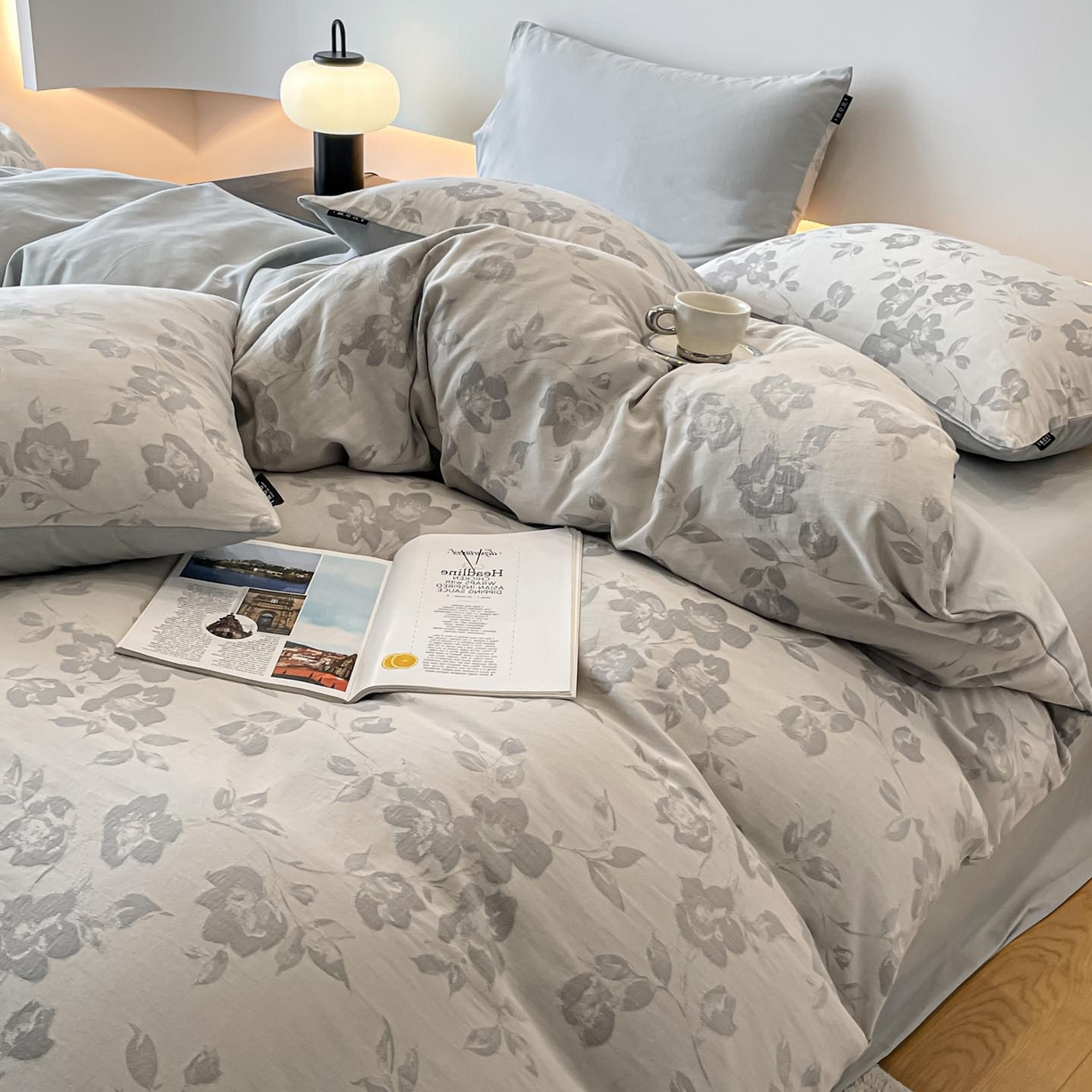 91家纺网 家纺一手货源 找家纺 涵宸家纺 2025新款全棉磨毛色织提花四件套 月移棠-灰