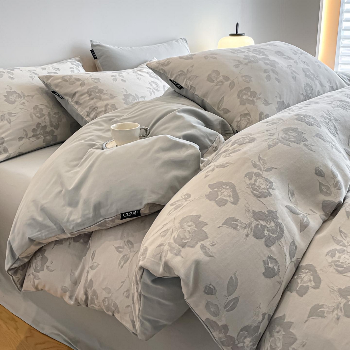 91家纺网 家纺一手货源 找家纺 涵宸家纺 2025新款全棉磨毛色织提花四件套 月移棠-灰