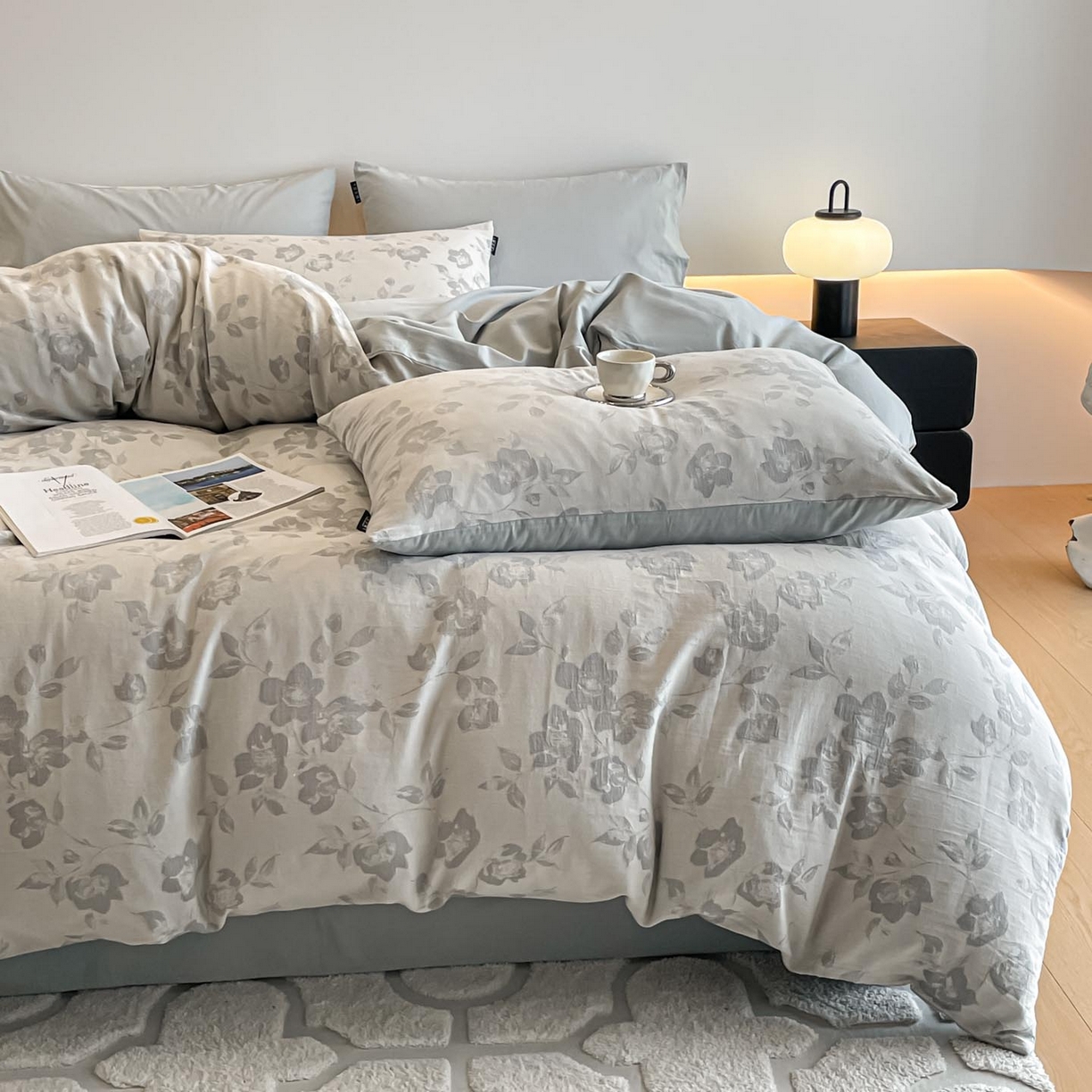 91家纺网 家纺一手货源 找家纺 涵宸家纺 2025新款全棉磨毛色织提花四件套 月移棠-灰