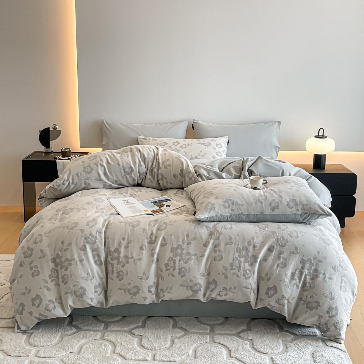 91家纺网 家纺一手货源 找家纺 涵宸家纺 2025新款全棉磨毛色织提花四件套 月移棠-灰