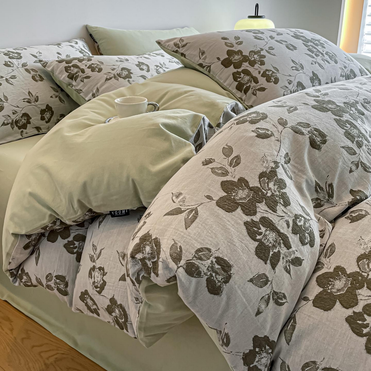 涵宸家纺 2025新款全棉磨毛色织提花四件套 月移棠-绿