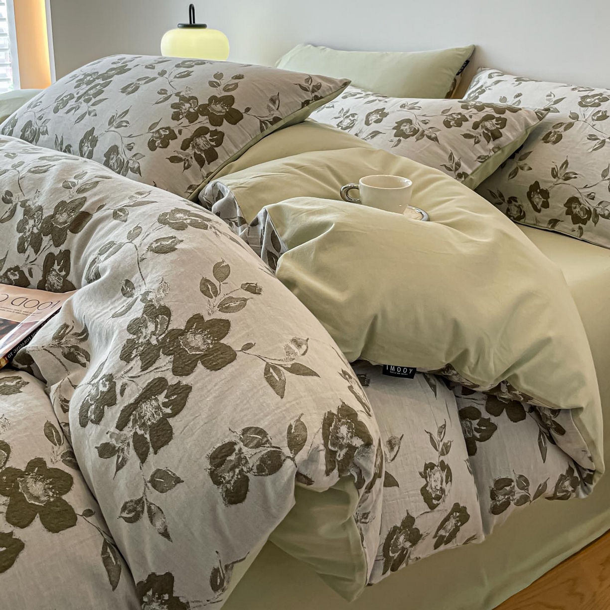 91家纺网 家纺一手货源 找家纺 涵宸家纺 2025新款全棉磨毛色织提花四件套 月移棠-绿