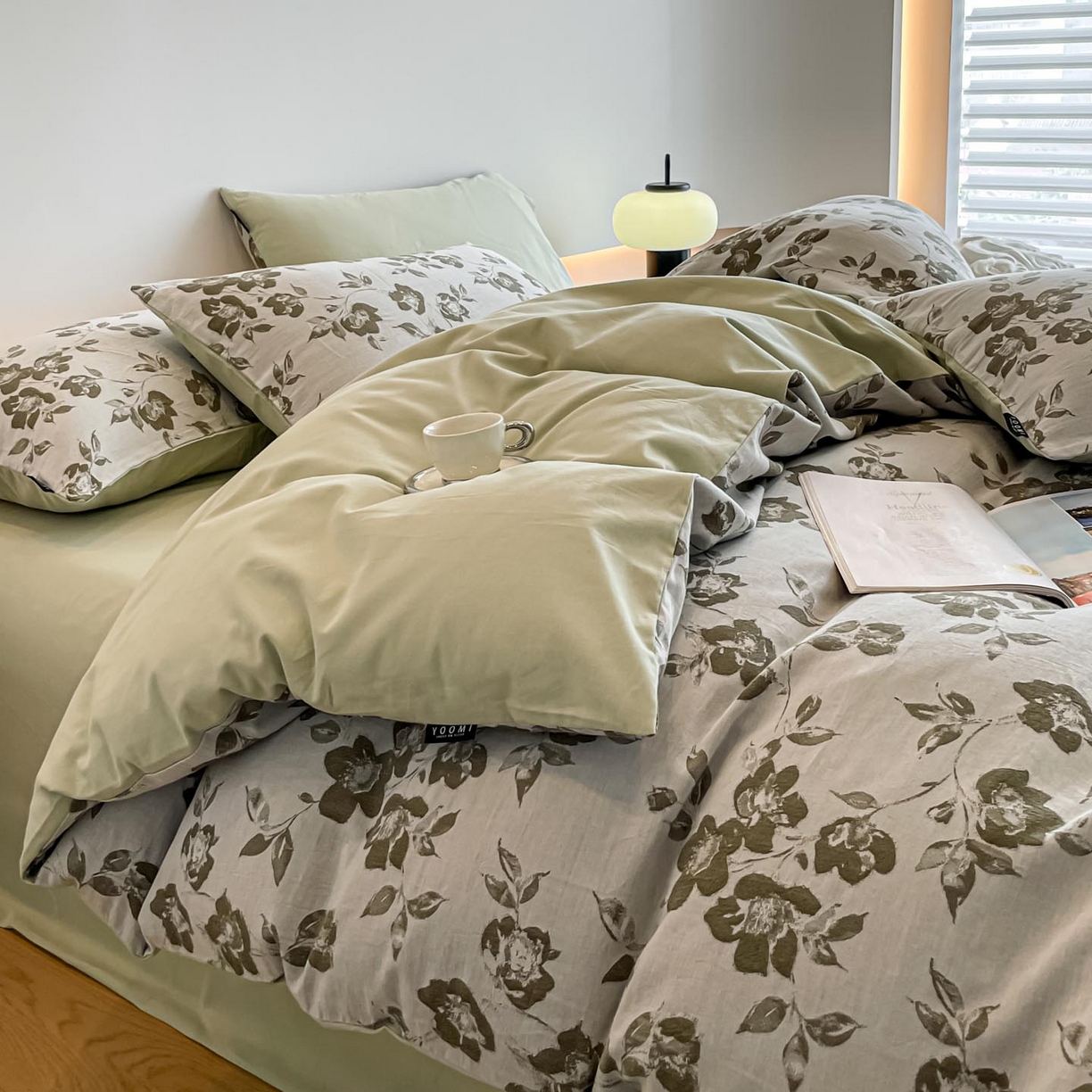 91家纺网 家纺一手货源 找家纺 涵宸家纺 2025新款全棉磨毛色织提花四件套 月移棠-绿