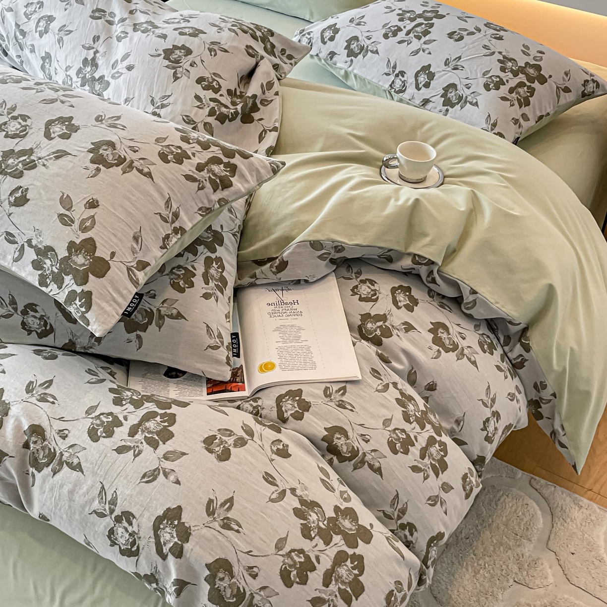 91家纺网 家纺一手货源 找家纺 涵宸家纺 2025新款全棉磨毛色织提花四件套 月移棠-绿