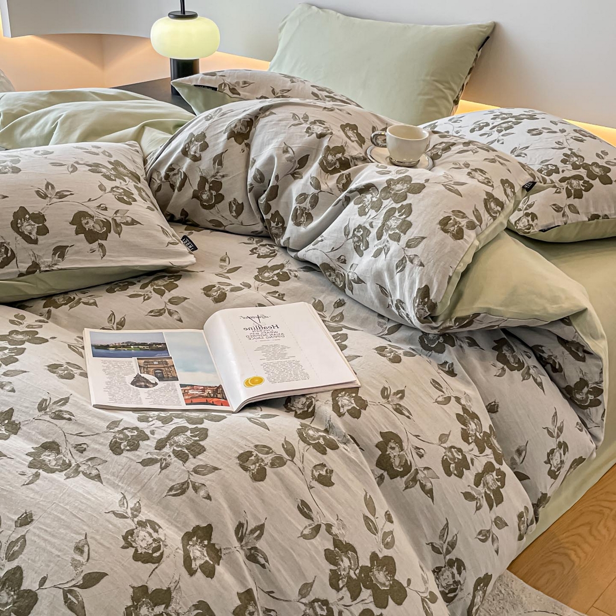 91家纺网 家纺一手货源 找家纺 涵宸家纺 2025新款全棉磨毛色织提花四件套 月移棠-绿