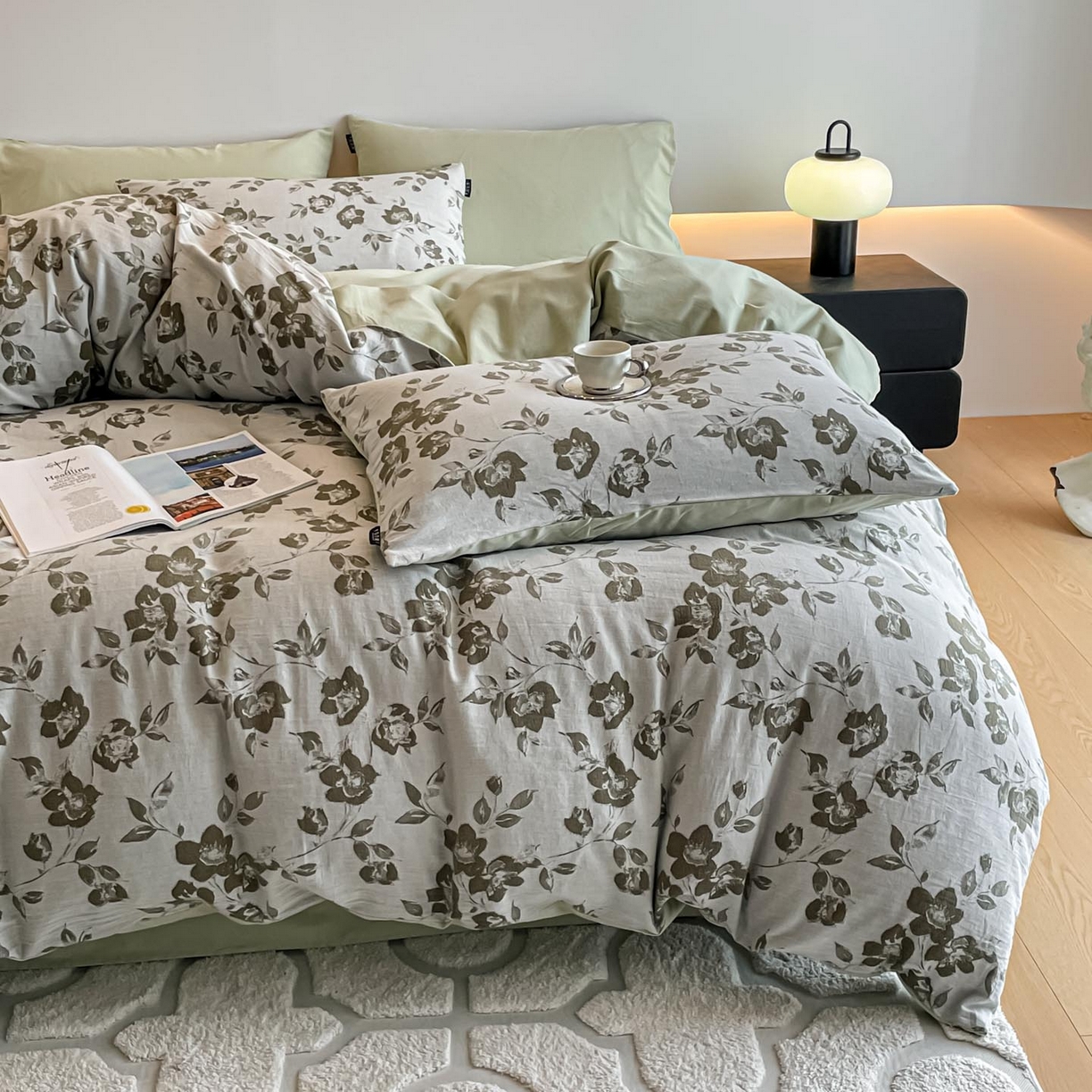 91家纺网 家纺一手货源 找家纺 涵宸家纺 2025新款全棉磨毛色织提花四件套 月移棠-绿