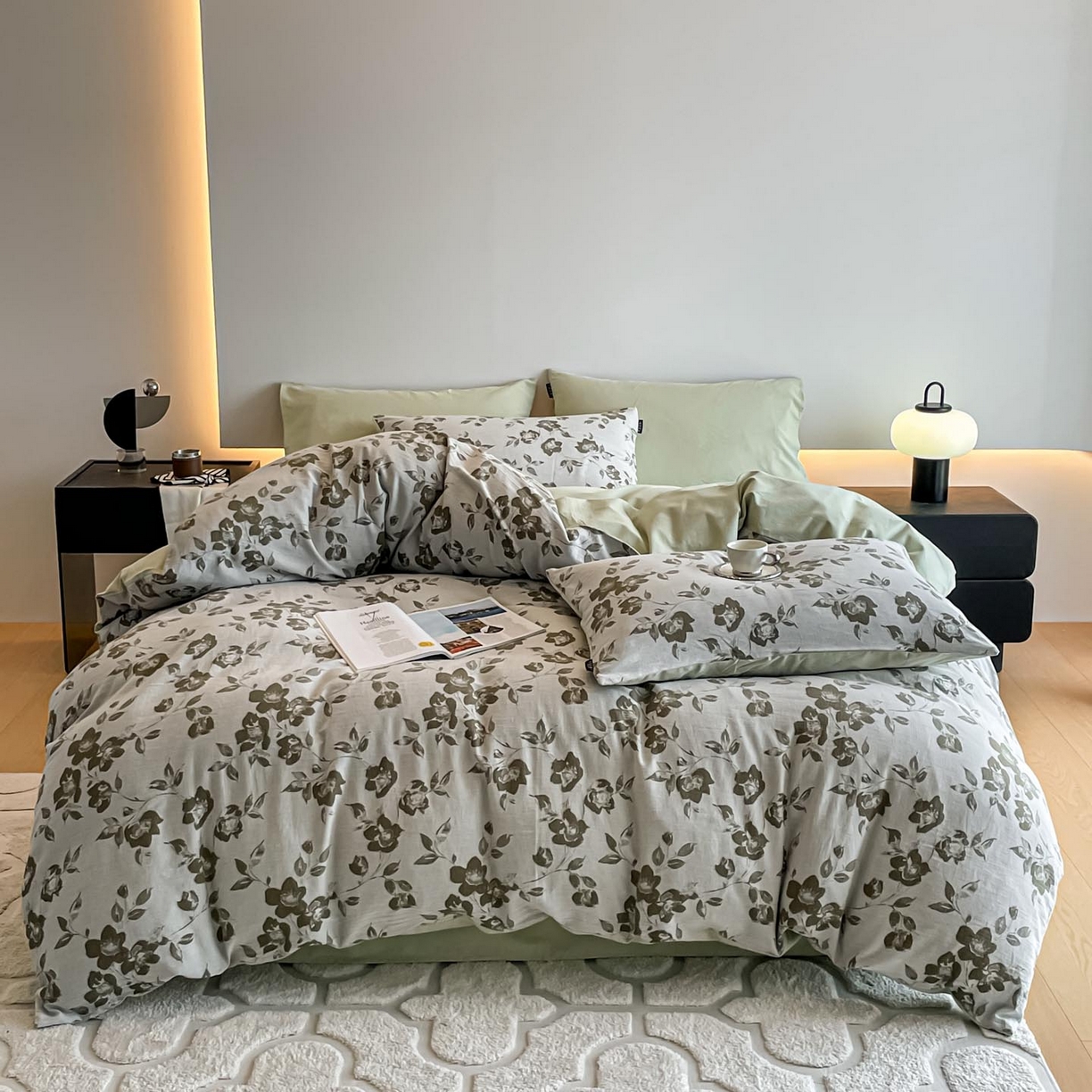 91家纺网 家纺一手货源 找家纺 涵宸家纺 2025新款全棉磨毛色织提花四件套 月移棠-绿