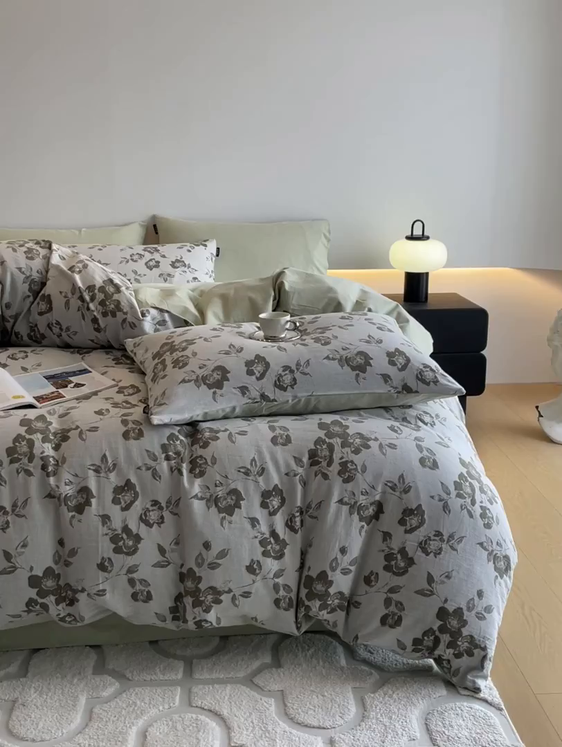 91家纺网 家纺一手货源 找家纺 涵宸家纺 2025新款全棉磨毛色织提花四件套 月移棠-绿