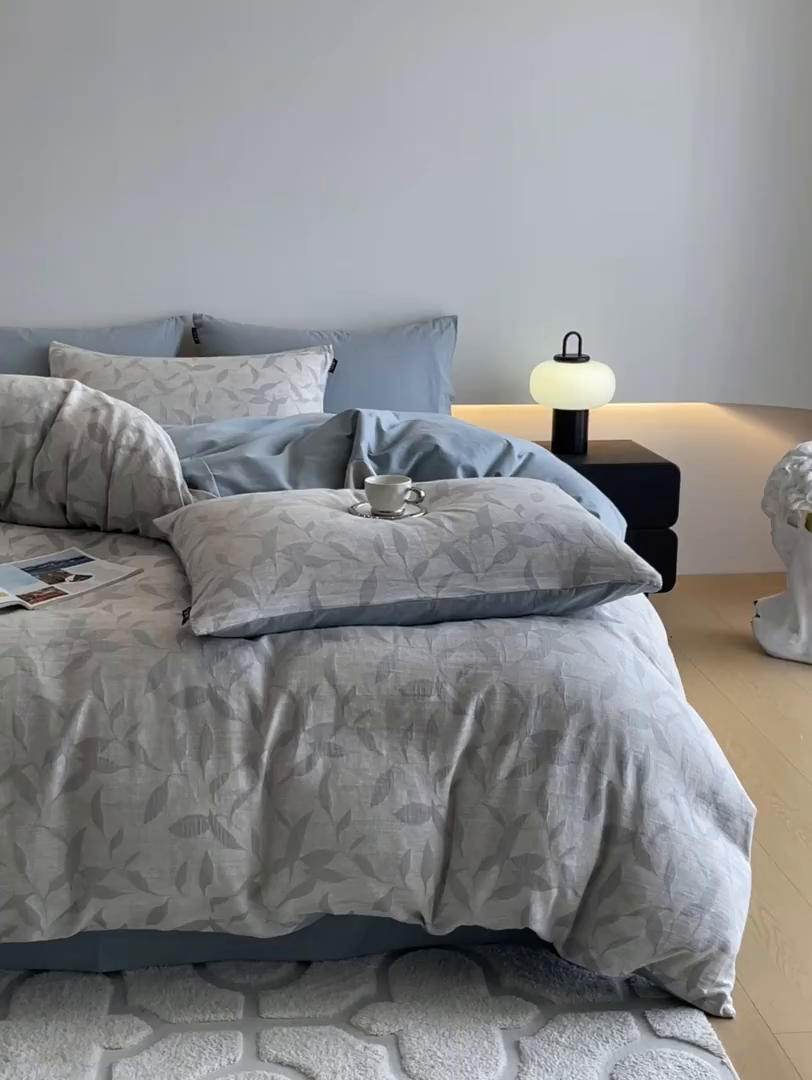 91家纺网 家纺一手货源 找家纺 涵宸家纺 2025新款全棉磨毛色织提花四件套 云憩-灰