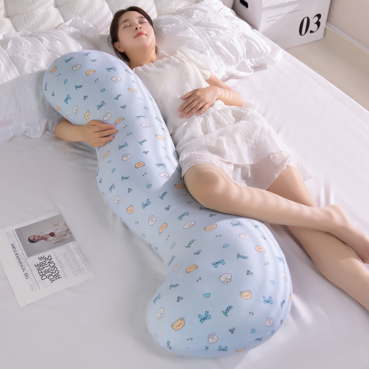 蔻眠 婴儿棉印花长条抱枕夹腿抱枕靠枕芯枕头 长条抱枕-蓝色兔子小熊 120cm