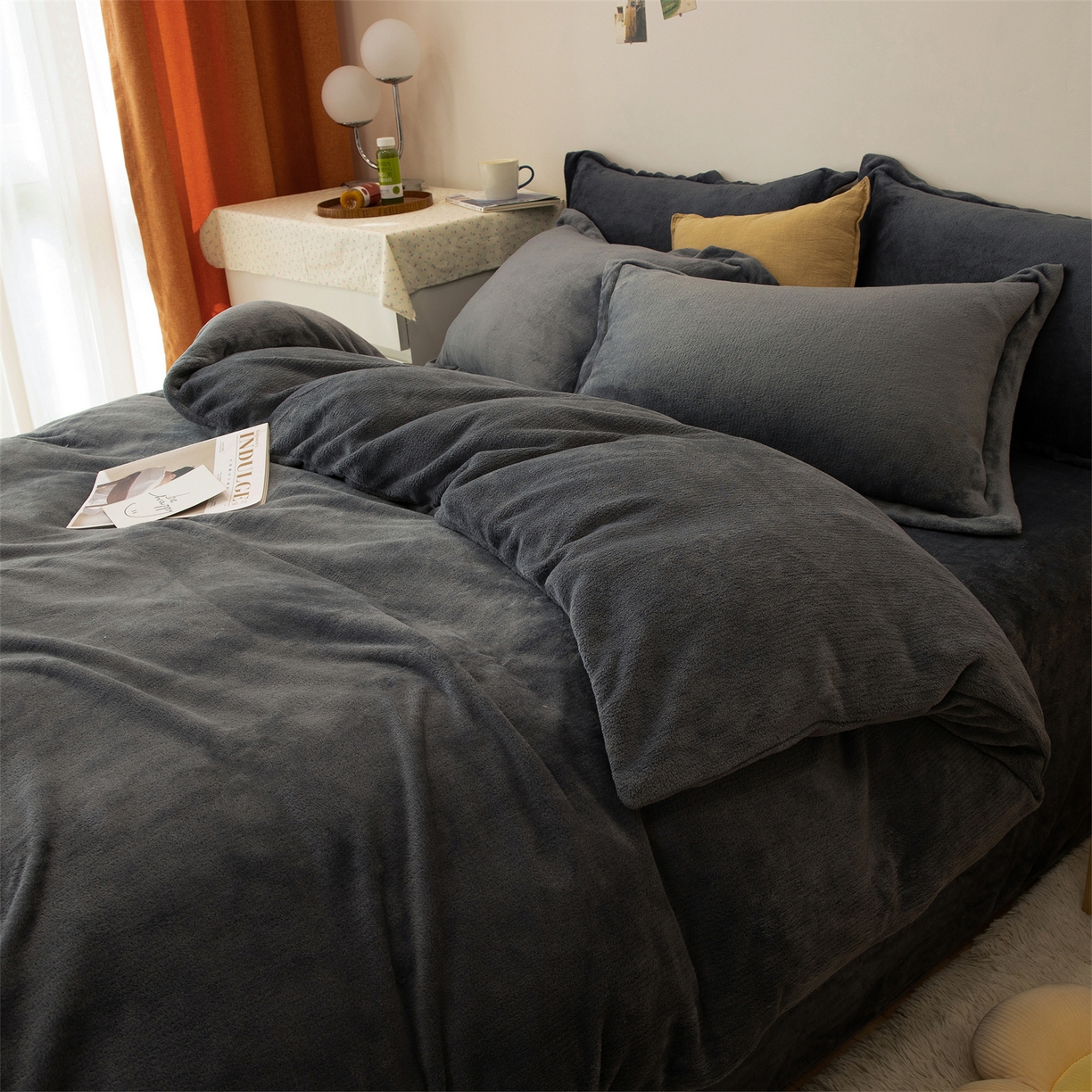 兰紫橙家纺 2025新款双面绒纯色双拼牛奶绒四件套 深灰