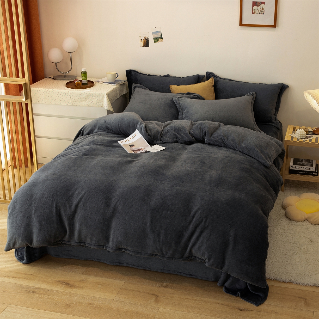 91家纺网 家纺一手货源 找家纺 兰紫橙家纺 2025新款双面绒纯色双拼牛奶绒四件套 深灰