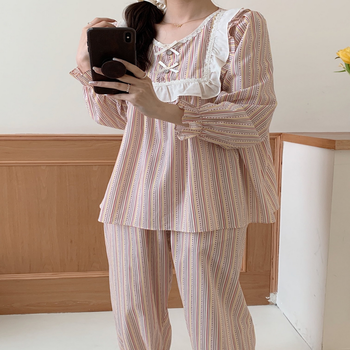 （總）妍景家居生活館 2025新款韓系82839-韓系蕾絲花邊條紋圓領套裝